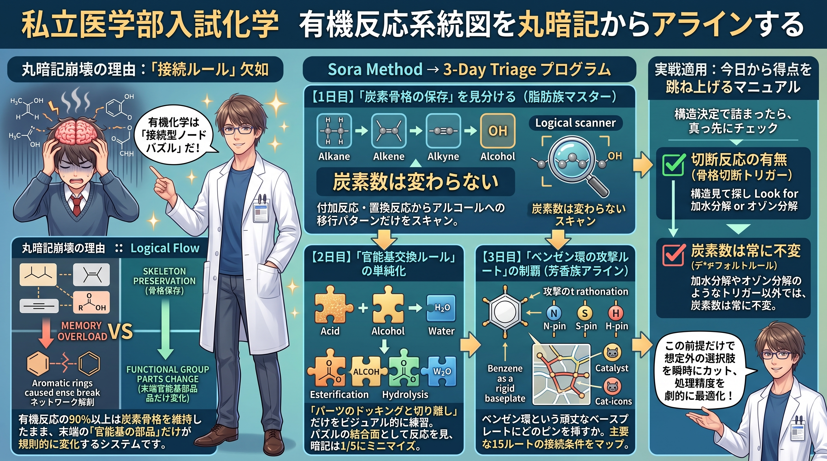Sora式・有機化学反応系統図接続パズルインフォグラフィック